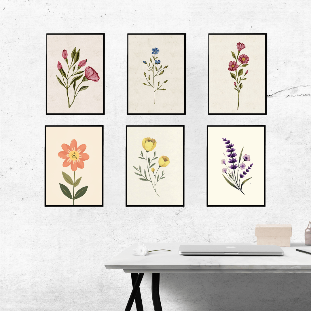 Minimalist Floral Wall Art Set | Botanical Prints for Home Décor SET OF 6 - Memories InsiteFLORAL DESIGN WALL FRAME - BLACK SET OF 6